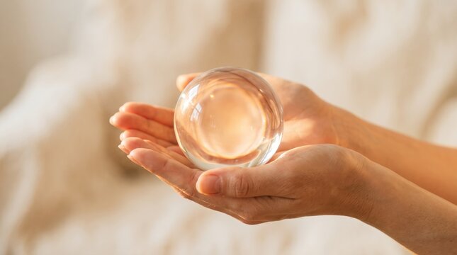Woman hands holding clear crystal ball, spiritual healing, mindfulness meditation, energy therapy, alternative medicine, soft natural lighting, wellness and balance lifestyle