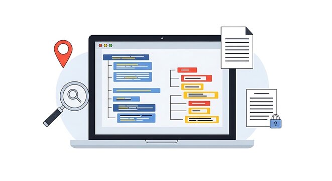 Digital laptop interface displaying complex hierarchical data structures with search, geolocation, and document security file icons for comprehensive software development and information management