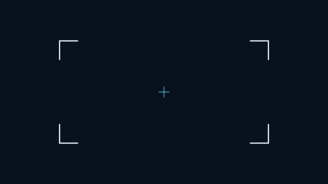 Minimalist camera viewfinder overlay, digital focus frame on dark background, cinematic recording interface for video production