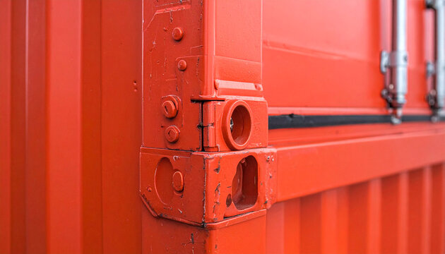 Orange Shipping Container Corner Detail: Close-up view of the robust corner casting of an orange shipping container, showcasing its industrial design and weathered texture.