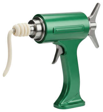 Green applicator gun dispensing sealant isolated on a transparent background
