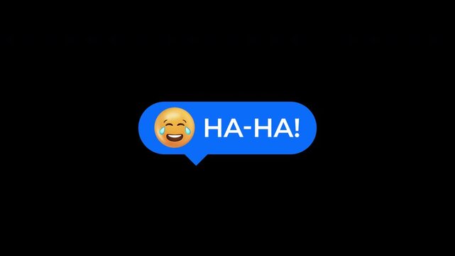 Animated Text Message Bubble Displaying Haha With Laughing Emoji On Black Background.