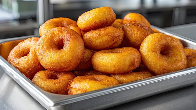 Fried donuts in hot oil, golden crispy pastry, street food close‑up shot of traditional fried dessert