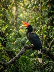 Fototapeta premium Rhinoceros Hornbill Perched on a Branch in a Lush Rainforest.