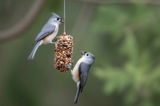 Two tufted titmice hanging on a cylindrical bird feeder filled with seeds and nuts against a soft green blurred forest background