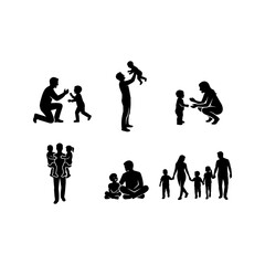 Obraz premium Black silhouettes collection of happy family members playing and bonding on white background.