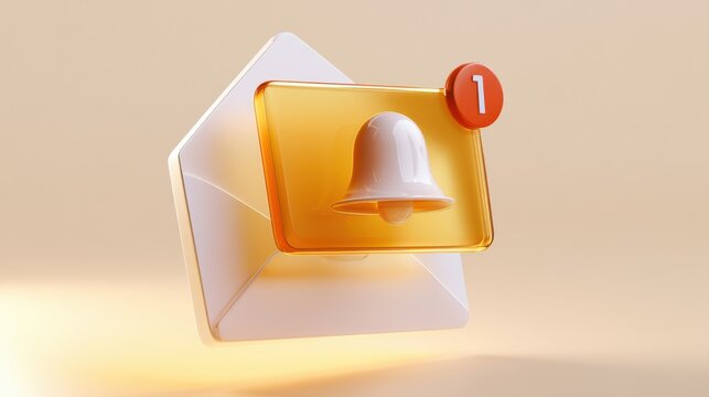 A 3D illustration of an envelope with a notification bell icon showing one alert on a beige background.