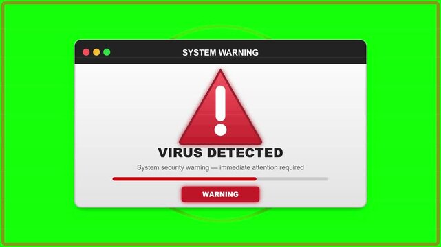 System warning virus detected alert message popup window motion graphic animation on bright green screen background