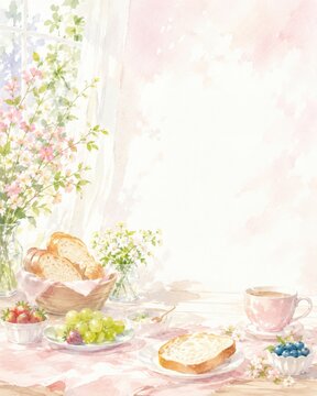 春の花とパンと果物が並ぶ明るい朝食テーブルの水彩イラスト