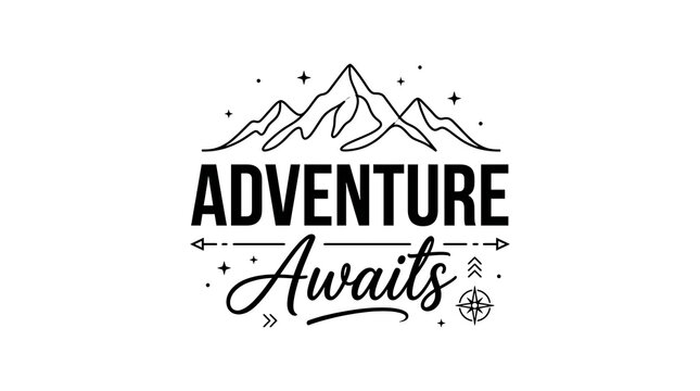 Mountain peaks with 'Adventure Awaits' text and compass symbol for outdoor exploration