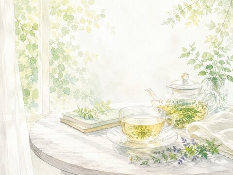明るい窓辺に並ぶ紅茶と花の優雅なティータイム水彩イラスト