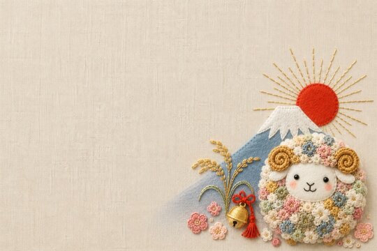 Year of the Sheep 2027 Japanese New Year horizontal banner with cute yarn sheep, Mt. Fuji and rising sun in embroidery applique style, copy space