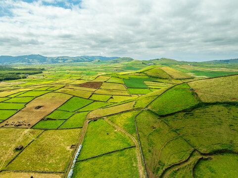 Aerial view of the patchwork green fields and rolling hills of Terceira Island, defined by traditional stone walls under a cloudy sky in Angra do Heroismo, Azores, Portugal.