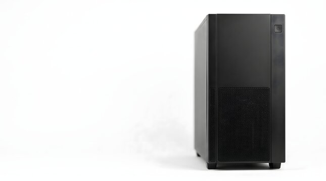 Modern black computer tower desktop case stands isolated on white background showing sleek minimalist design for professional workstation high performance