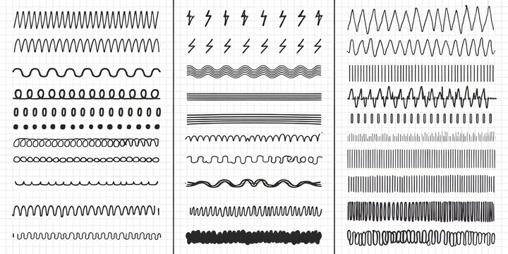 Set of hand drawn wavy line patterns and dashed strokes for graphic design projects vector.
