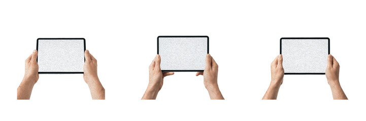 Hand holding tablet mockup set featuring digital tablets with blank white screens in landscape orientation in different angles isolated on a transparent background PNG for tech design © muhammad