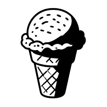 Hand drawn ice cream scoop with sprinkles and shadow detail on wafer cone vector line art isolated on white background