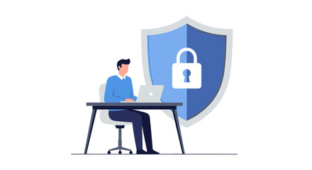Fototapeta premium Cybersecurity Concept Illustration of Man Working on Laptop Protected by Large Shield and Padlock Icon for Data Privacy and Network Safety