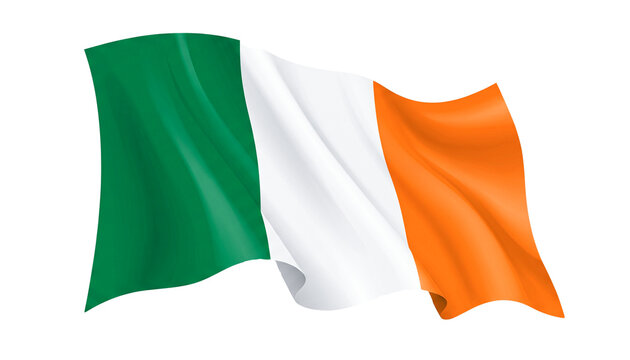 Waving flag of ireland isolated on transparent background with soft fabric folds effect.