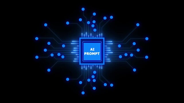 A futuristic interface shows a prompt button generating data streams, representing artificial intelligence and technological innovation. 4k motion