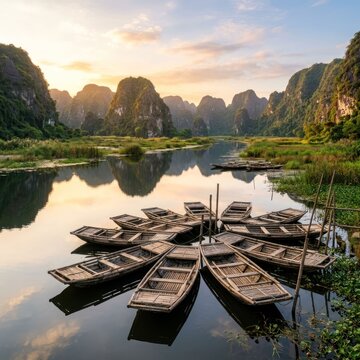 Trang An Ninh Binh Vietnam Boats River Limestone Karsts Sunrise.