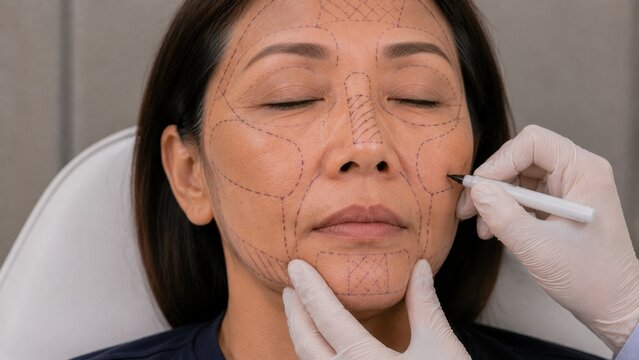 Laser face mapping detailed purple zone grid lines covering full face of Asian woman with eyes closed by gloved aesthetic doctor, comprehensive facial laser resurfacing and contouring treatment plan