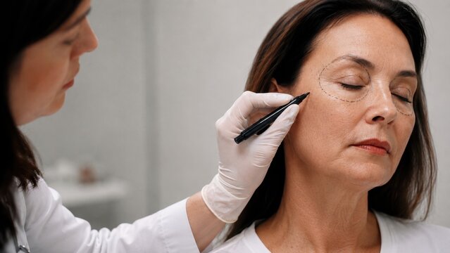 Laser face mapping dashed oval outline marked around both eyes of mature woman with eyes closed by gloved aesthetic doctor with black pen, eye area laser resurfacing and blepharoplasty treatment plann