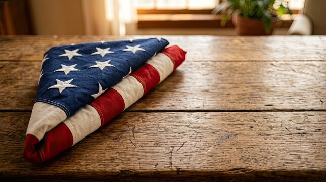 Veterans day folded american flag resting on a rustic wooden table indoors with american veterans patriotism memorial honoring celebration ceremony military