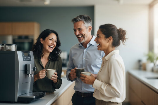 Office coffee break business team coworker conversation happy colleague smiling professional corporate kitchen casual meeting hot drink modern workplace teamworkOffice burnout recovery concept