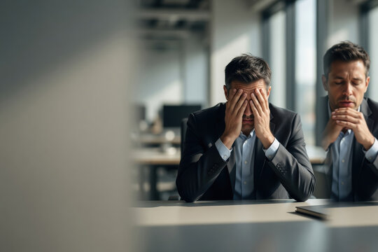 Stressed businessman office stress mental health anxiety burnout depression worry frustration contemplation corporate Stressed businessman modern office showingOffice burnout recovery concept