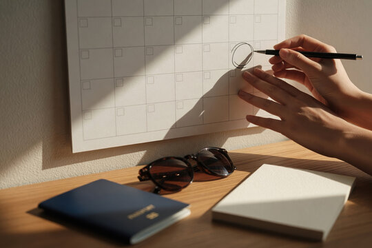 Travel planning calendar hand pencil circle schedule passport sunglasses notebook wooden desk sunlightOffice burnout recovery concept