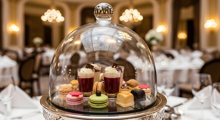 Obraz premium A glass cloche covering colorful pastries and desserts in a restaurant.