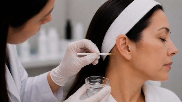 Chemical peel mapping patch test being applied behind ear of woman with cotton swab and glass bowl by gloved aesthetic doctor, skin sensitivity test before facial peel treatment