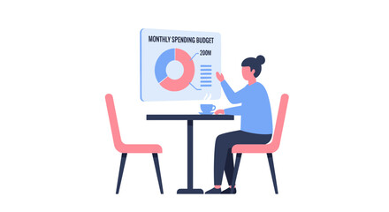 Fototapeta premium Businesswoman analyzing monthly spending budget with financial data pie chart illustration
