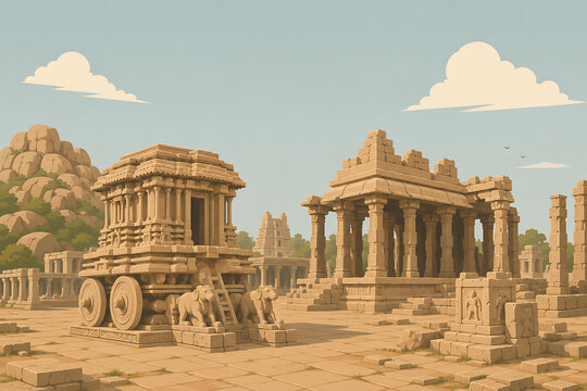 Minimal vector illustration of a crumbling stone temple structure, perhaps the Vittala Temple with its stone chariot,