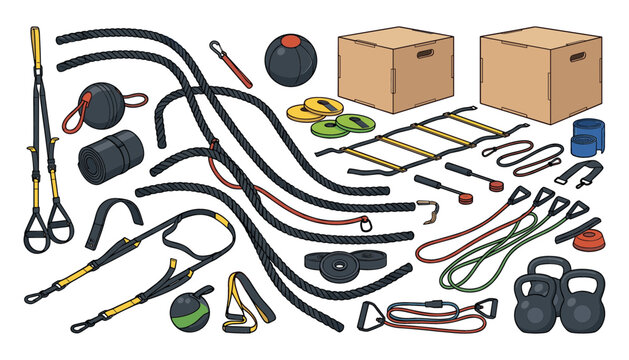Functional Fitness and Cross Training Equipment Vector Set featuring Battle Ropes, Plyo Boxes, Kettlebells, Agility Ladder, and Suspension Straps for Gym Designs