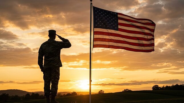 Veterans day soldier in camouflage uniform saluting against the american flag under a dramatic sunset sky with military personnel military patriotism memorial