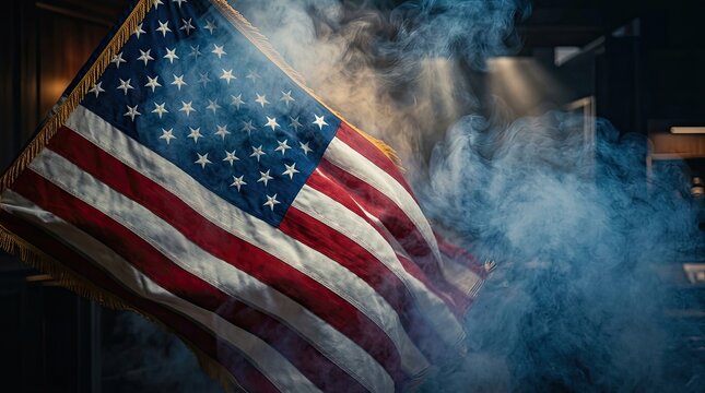 Veterans day american flag blowing in smoke during a somber memorial ceremony with american ceremony memorial national patriotism independence dramatic