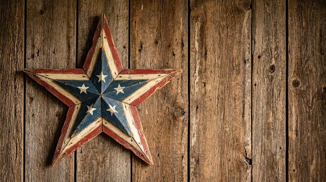 Veterans day rustic metal star with flag pattern on weathered wood texture patriotic ornament weathered memorial decoration background independence vertical