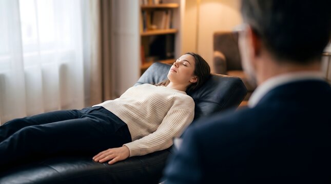 Young woman lying on couch undergoing psychotherapy hypnotherapy session with professional psychologist in modern clinic office