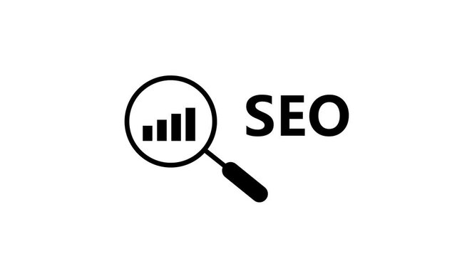 Black Magnifying Glass Chart with SEO Text Motion Graphic Animation Loop Isolated White Background Video Overlay