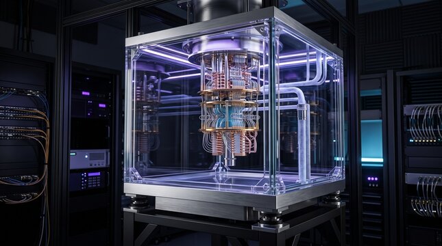 Advanced quantum computing processor inside a glass display case with computer