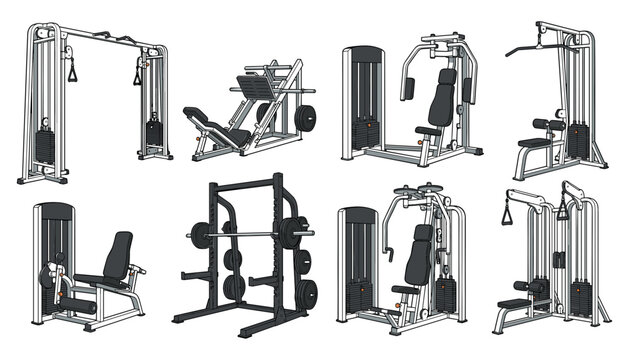 Strength Training Commercial Gym Machine Equipment Vector Set featuring Cable Crossover, Leg Press, Squat Rack, Lat Pulldown, and Chest Fly Stations