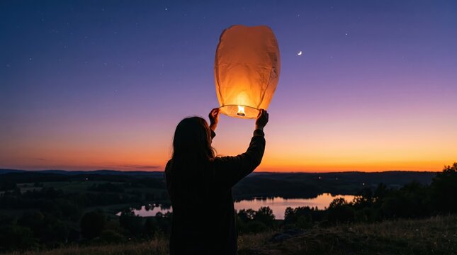 Woman releasing sky lantern at sunset, twilight landscape with lake, peaceful evening atmosphere, wish making tradition, spiritual moment, nature scenery, silhouette against