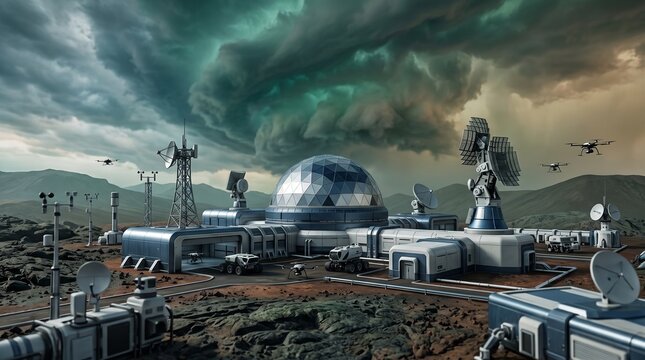 Futuristic science research outpost under dramatic stormy sky with research