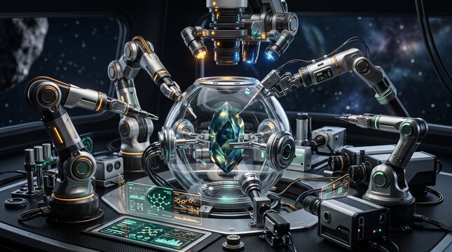 Robotic arms performing precision lab analysis on glowing crystal with precision