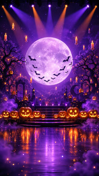 ハロウィンの夜のかぼちゃランタンステージ背景｜紫の満月とコウモリが輝く縦型バーチャル背景素材