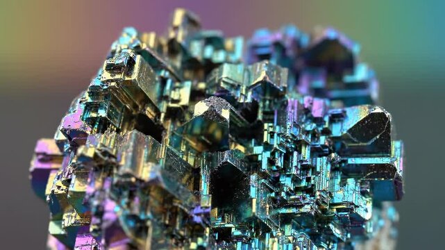Iridescent Bismuth Crystal Geometric Steps Growing with Rainbow Light for Geology Themes