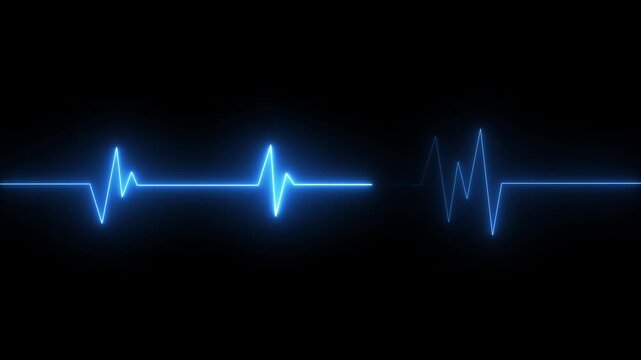 Neon ECG heartbeat pulse line on a dark background.Glowing electrocardiogram wave showing medical health monitor, emergency cardiology signal and life rhythm.