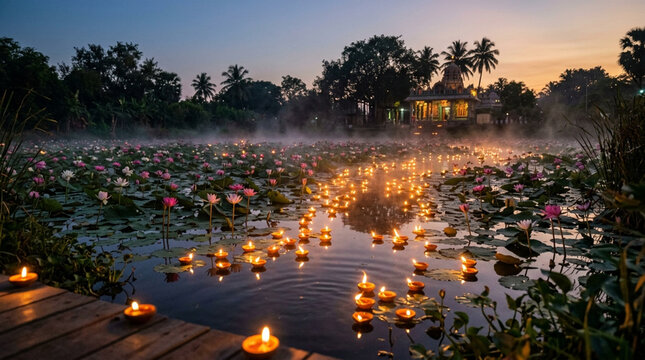 Floating candles and lotus flowers on a pond during the traditional loy krathong festival in thailand